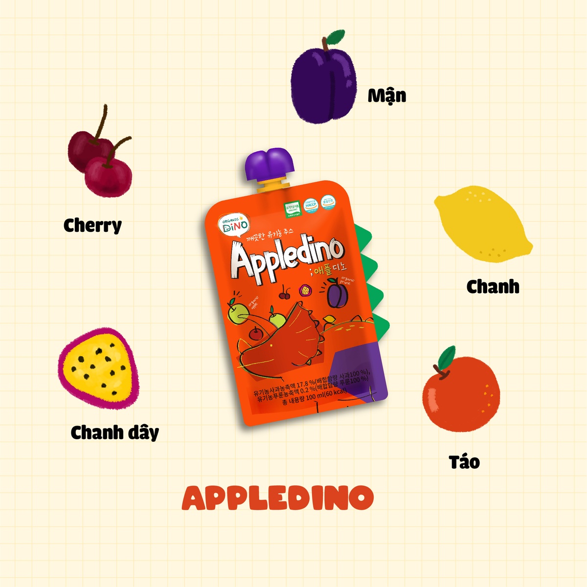 Nước ép táo mận quả mọng Appledino 100ml (6M+) - mặt trái
