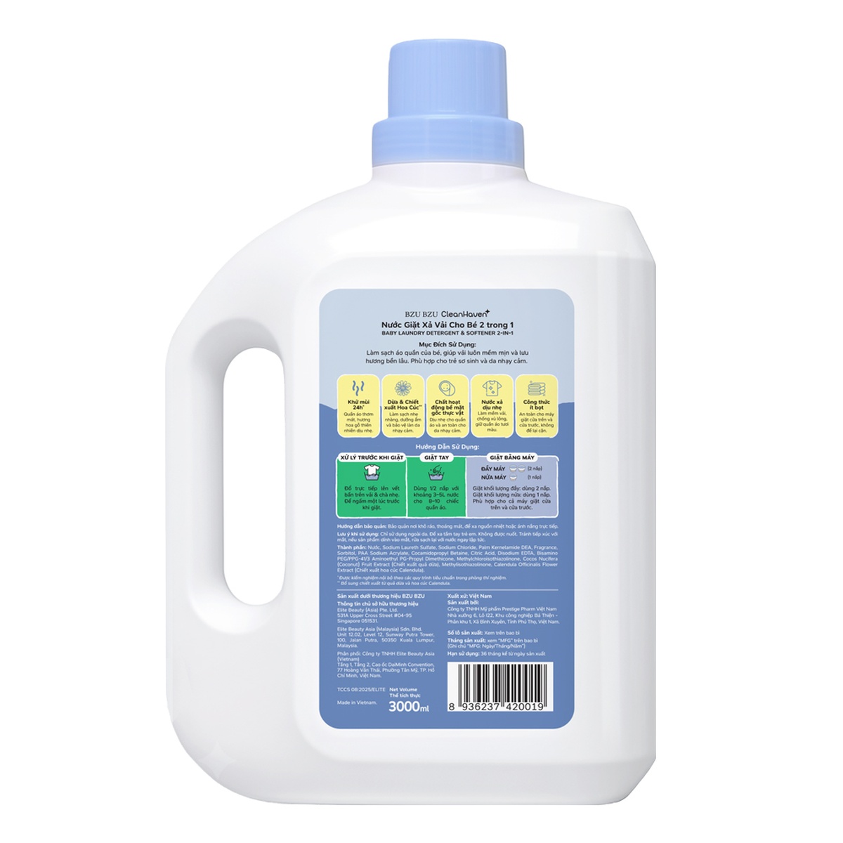 Nước giặt xả vải cho bé 2 trong 1 BZU BZU CleanHaven 3000ml - mặt trái