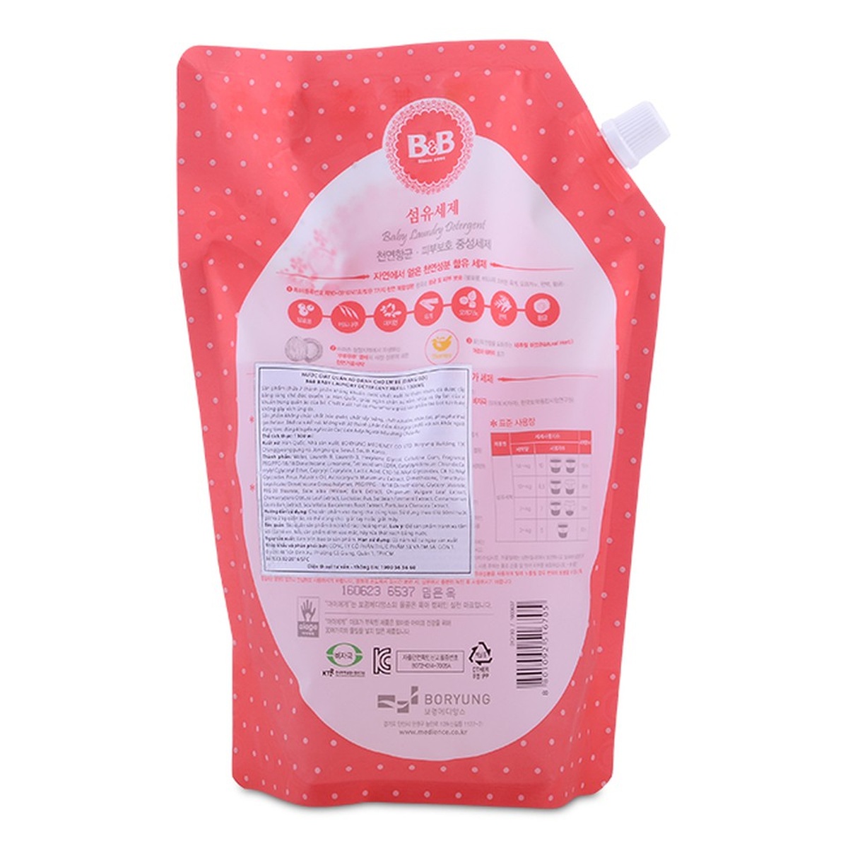 Nước giặt quần áo B&B 1300ml - mặt phải
