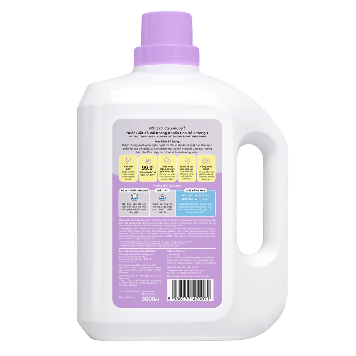 BZU BZU CheanHaven nước giặt xả vải kháng khuẩn cho bé 2 trong 1 3000ml - mặt trái