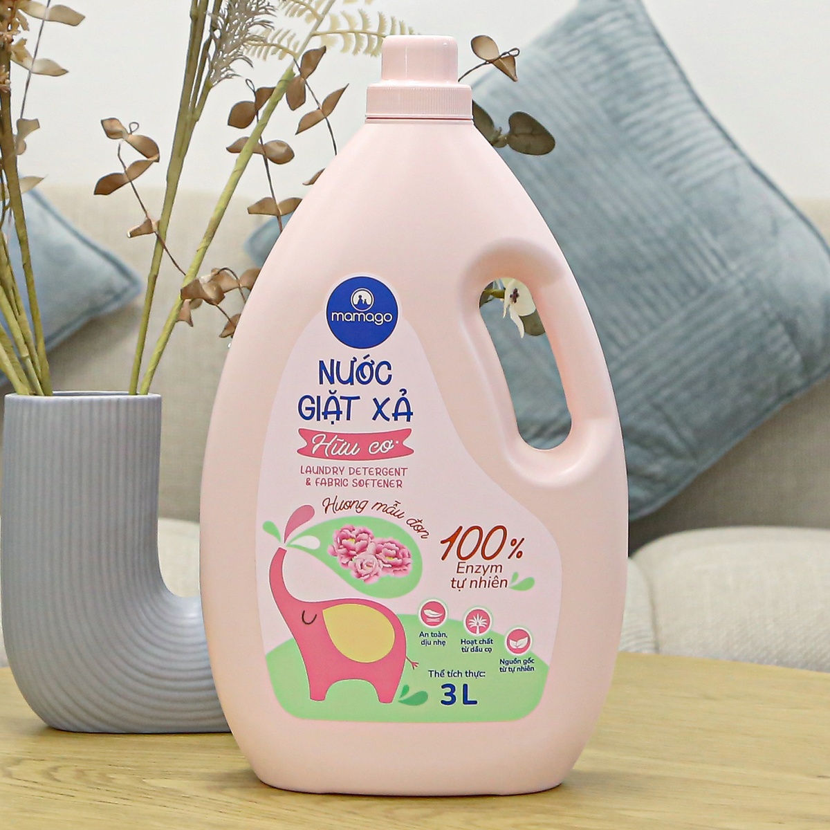 Nước giặt xả Mamago hương mẫu đơn 3L - mặt trái