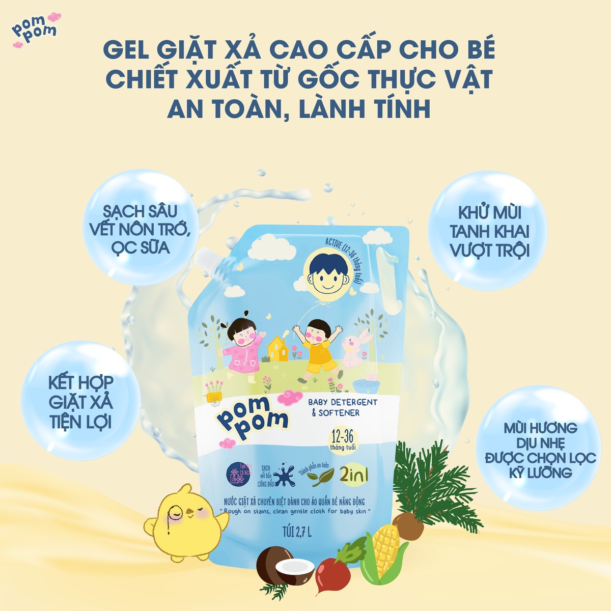 Nước giặt xả Pom Pom Active 2700ml (12-36M) - mặt trái