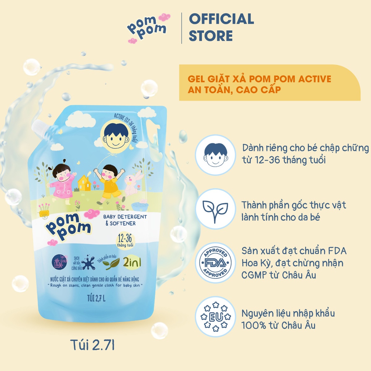 Nước giặt xả Pom Pom Active 2700ml (12-36M) - mặt sau
