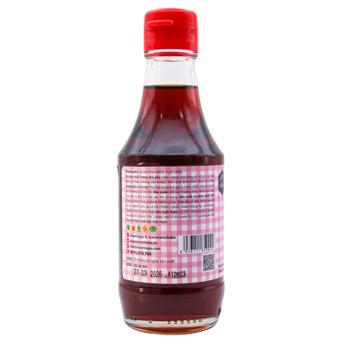 Nước mắm cá cơm Lê Gia 200ml - mặt phải