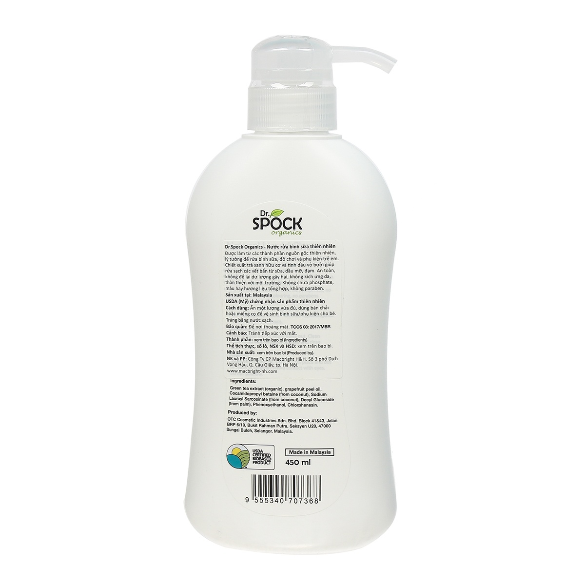 Nước rửa bình sữa Dr.Spock Organic 450ml - mặt phải