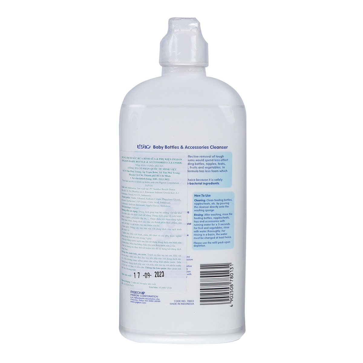 Nước rửa bình sữa Pigeon 500ml (đóng chai) - mặt phải