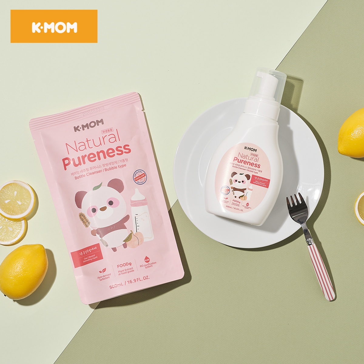 Nước rửa bình & rau quả hữu cơ K-MOM Hàn Quốc (Túi 500ml) KM13217 - mặt phải