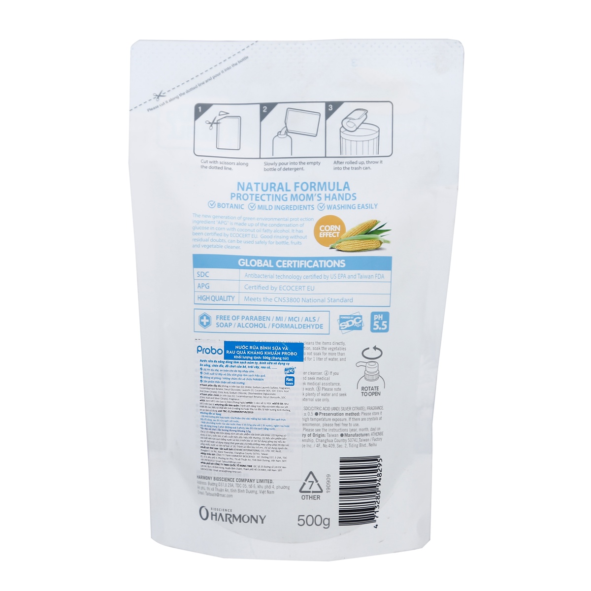 Nước rửa bình và rau quả PROBO 500g (dạng bình) - mặt phải
