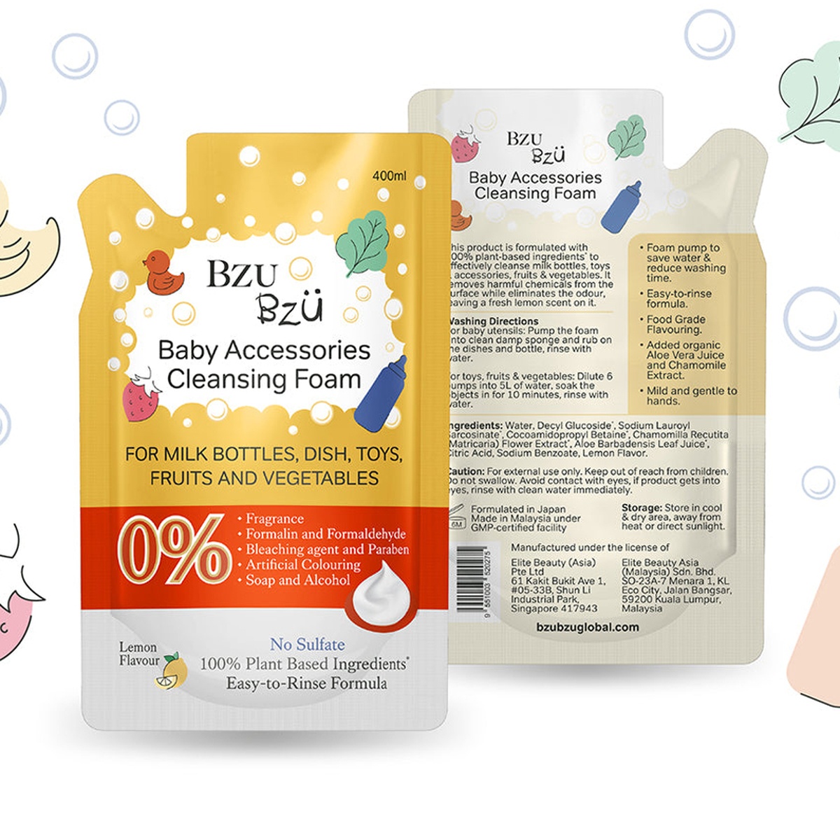 Nước rửa bình tạo bọt hương chanh Bzu Bzu túi 400ml - mặt trái