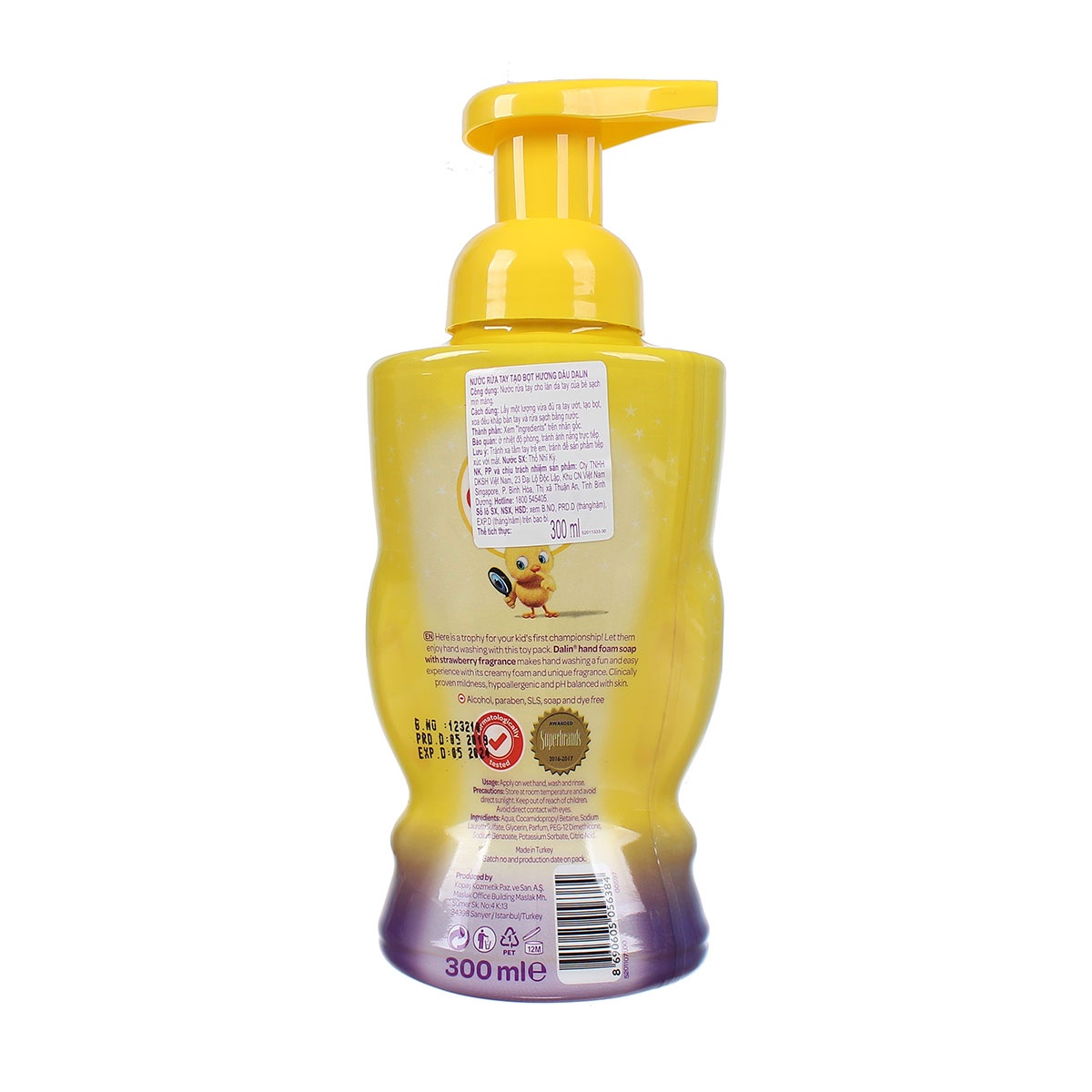 Nước rửa tay hương dâu Dalin 300ml - mặt sau