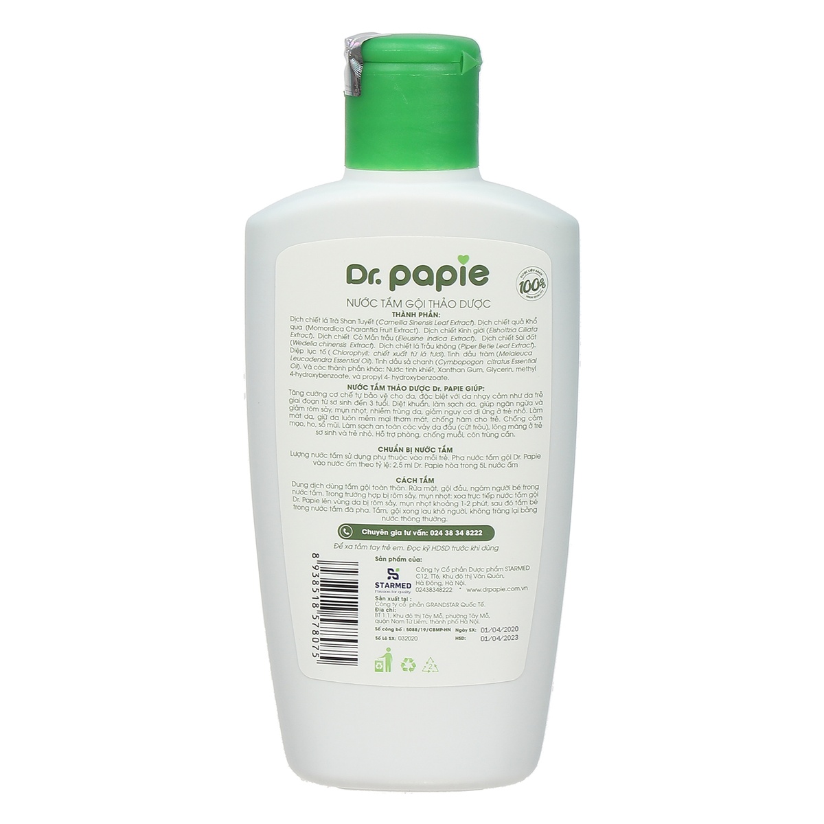 Nước tắm gội thảo dược Dr Papie 230ml - góc nghiêng