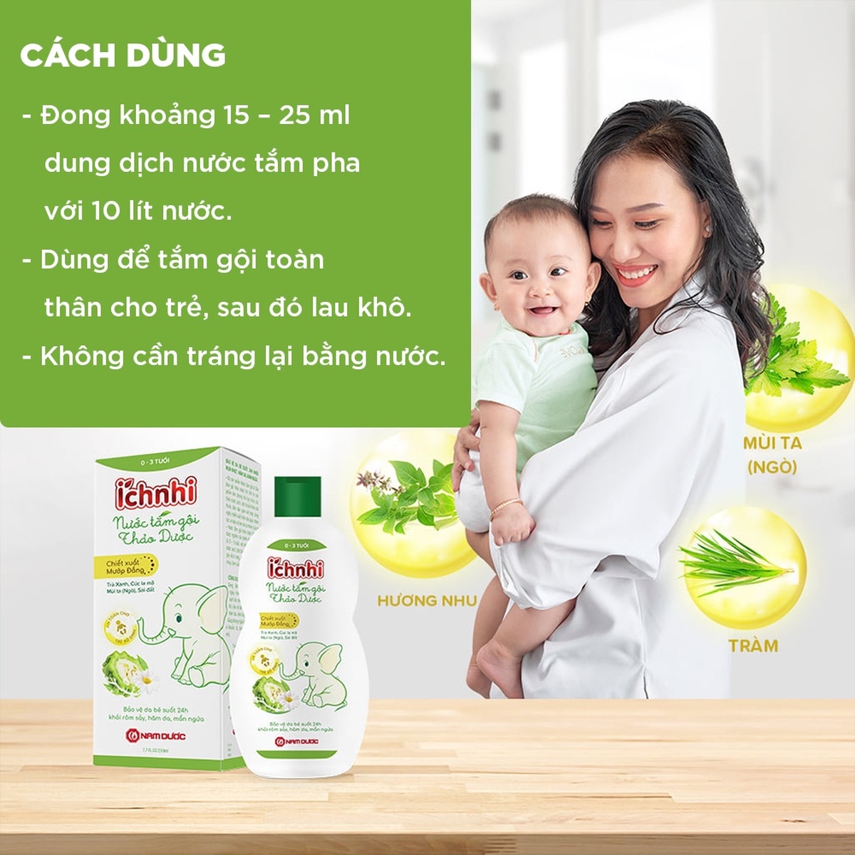 Nước tắm gội thảo dược Ích Nhi 230ml - mặt phải