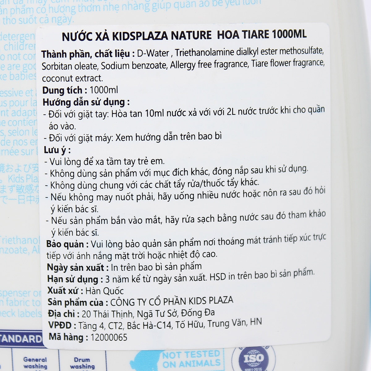 Nước xả KidsPlaza Nature hương hoa Tiare 1000ml - mặt sau