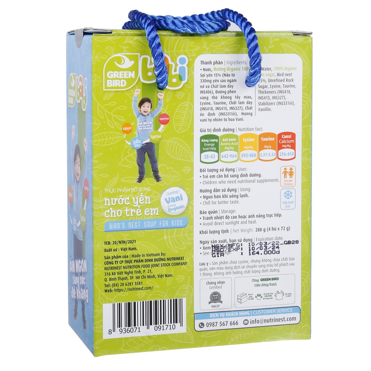 Nước yến sào hương vani GreenBird-Babi 4*72g - mặt sau