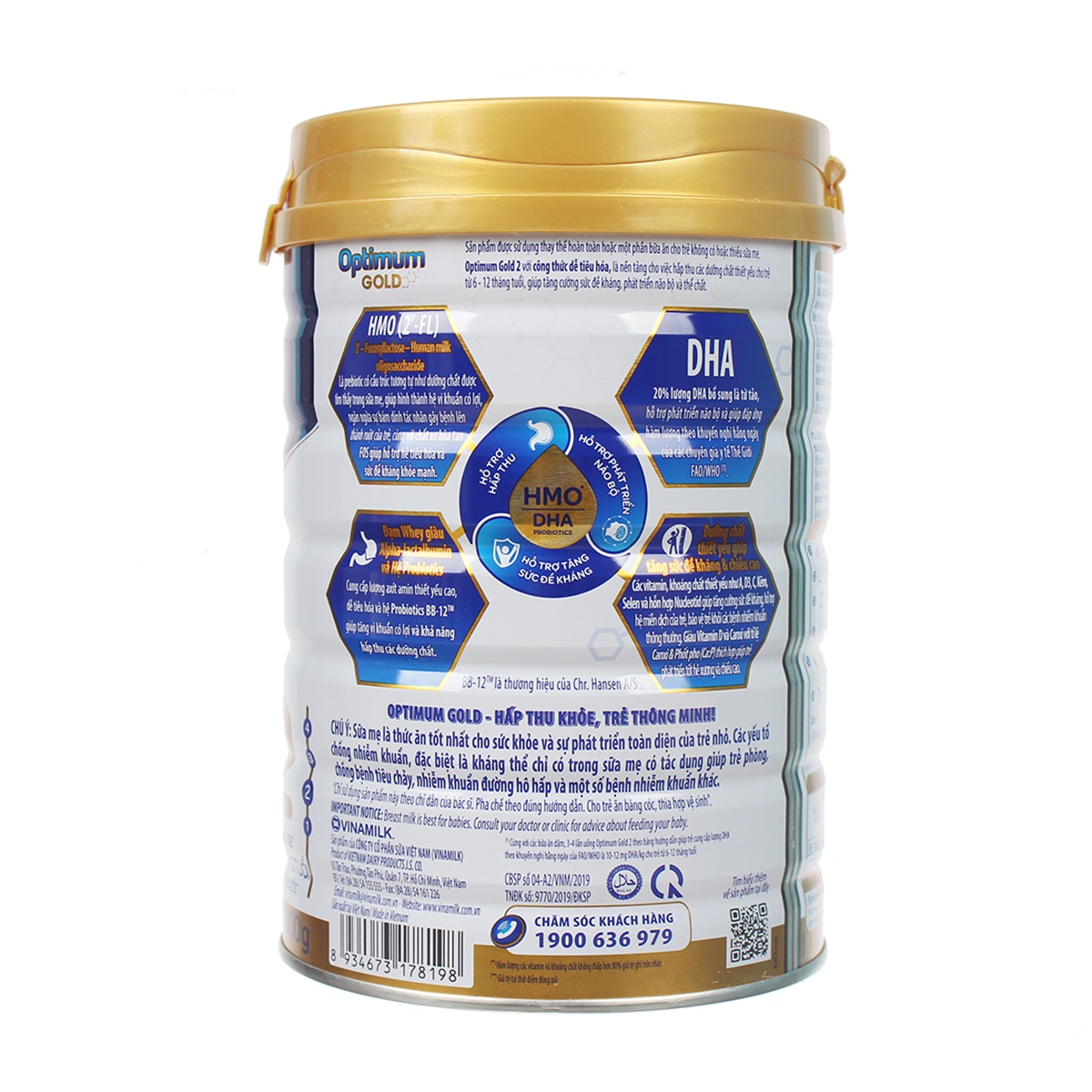 Sữa Vinamilk Optimum Gold 2 900g cho bé 6M-12M - mặt trái