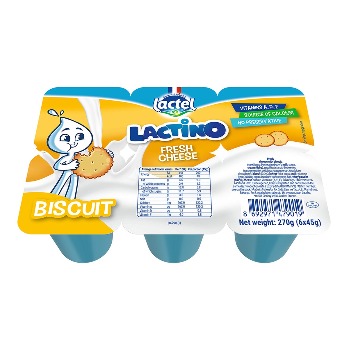 Phô mai tươi Lactino vị Biscuit 6*45g dành cho bé trên 6 tháng tuổi - mặt trái