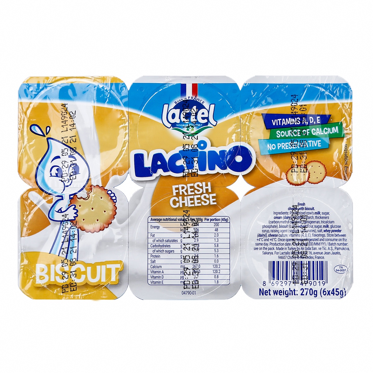 Phô mai tươi Lactino vị Biscuit 6*45g dành cho bé trên 6 tháng tuổi - mặt phải