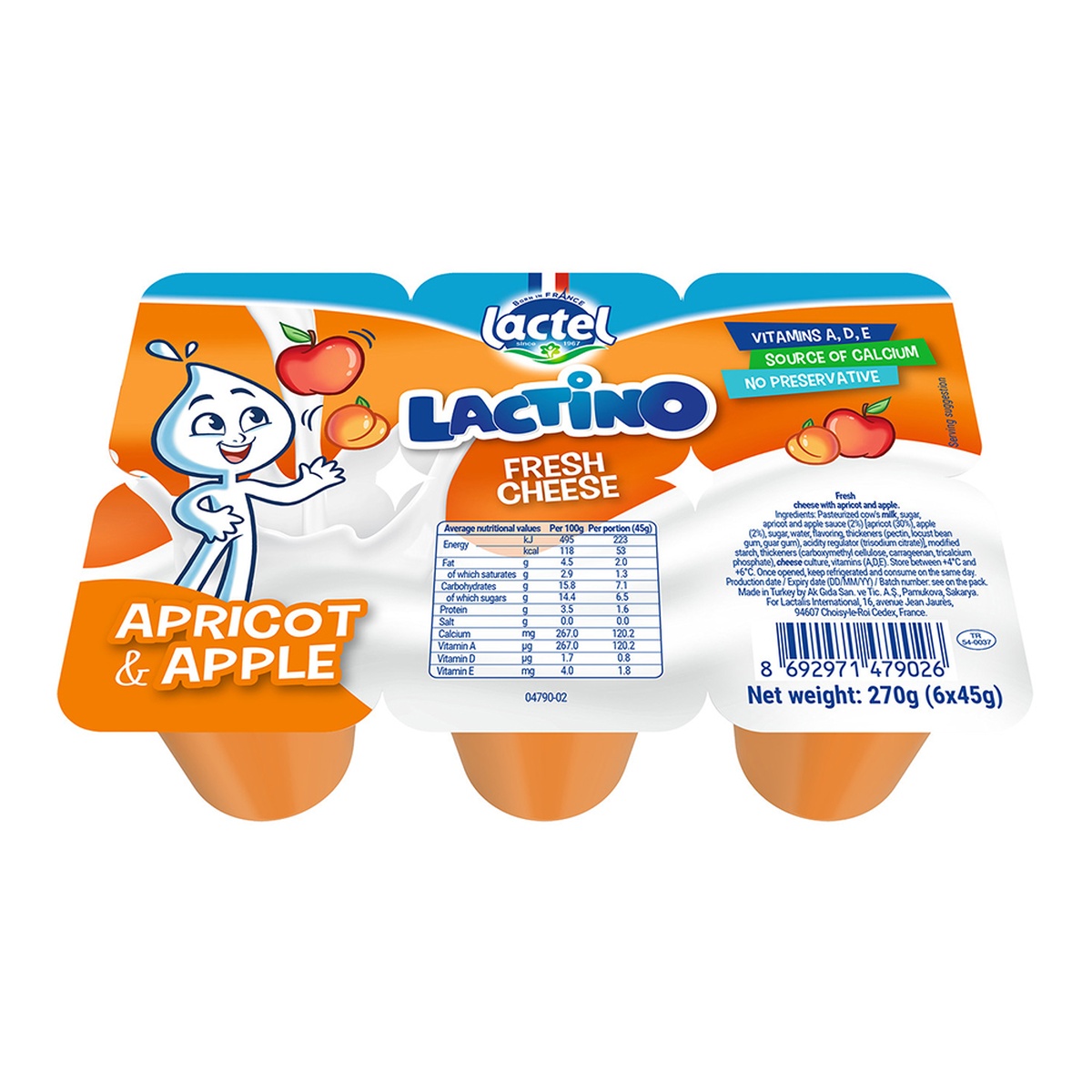 Phô mai tươi Lactino vị Mơ - Táo 6*45g dành cho bé trên 6 tháng tuổi - mặt trái