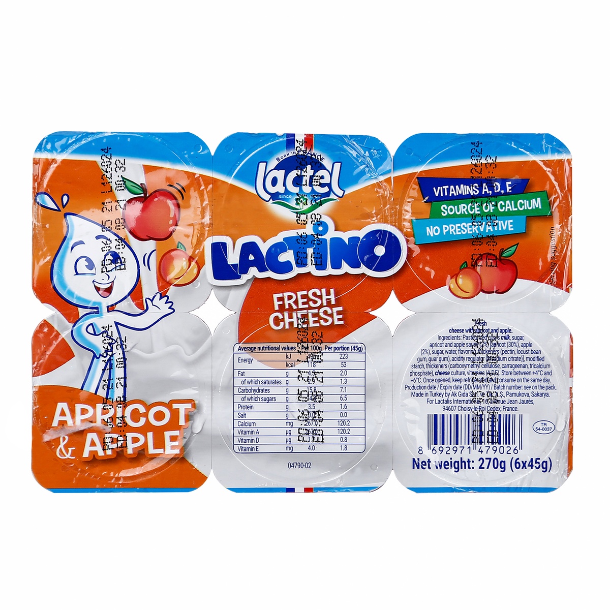 Phô mai tươi Lactino vị Mơ - Táo 6*45g dành cho bé trên 6 tháng tuổi - mặt phải