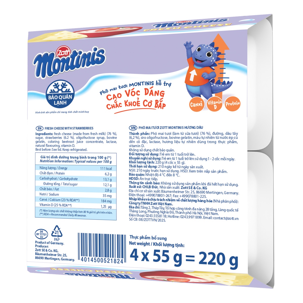 Phô mai tươi Montinis vị Dâu 4x55g - mặt phải