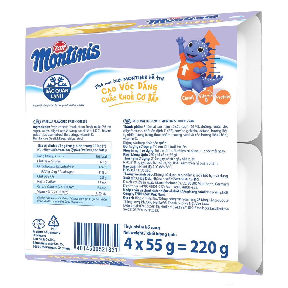 Phô mai tươi Montinis vị Vani 4x55g - mặt phải
