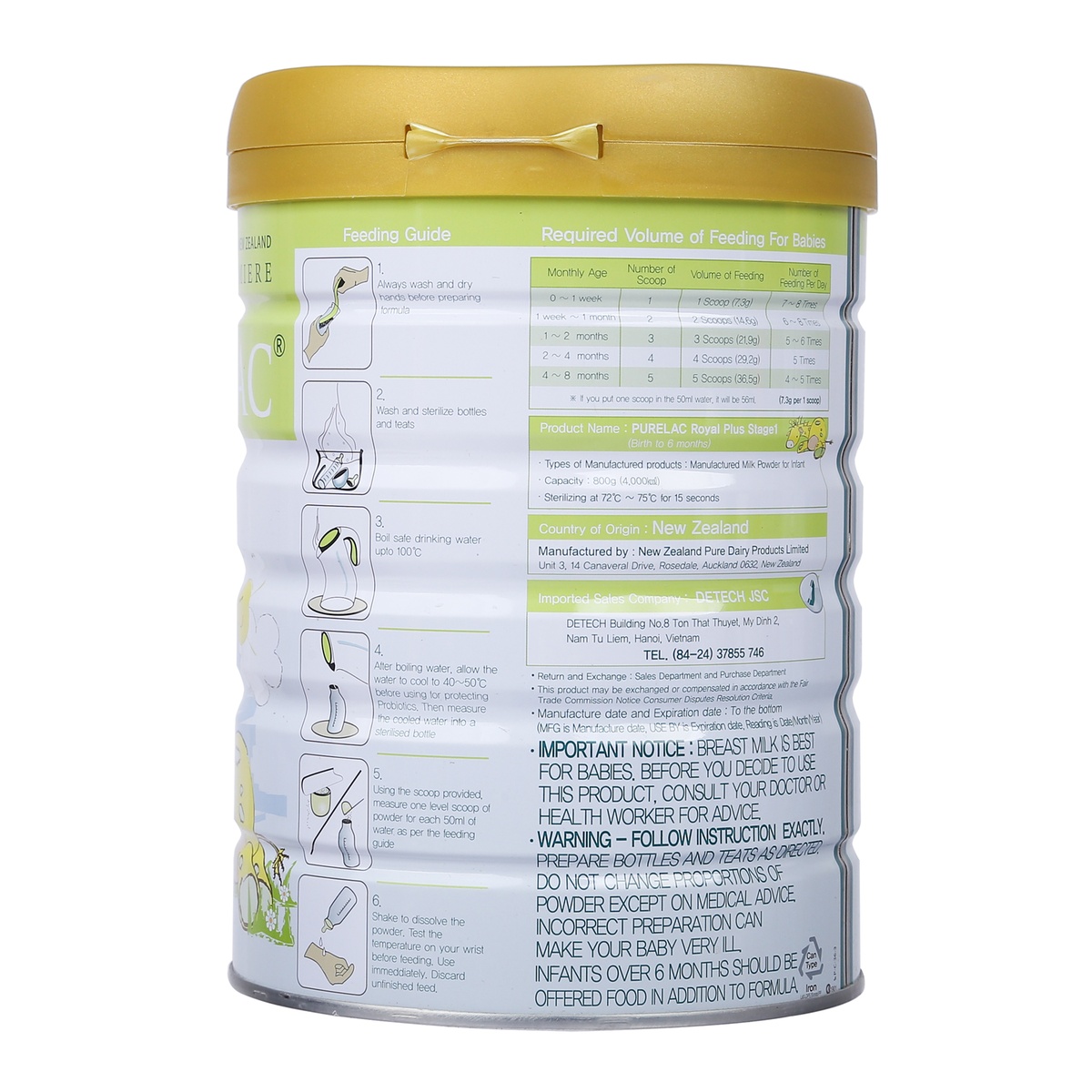 Sữa Purelac số 1 800g cho bé từ 0-6 tháng tuổi của New Zealand - mặt trái
