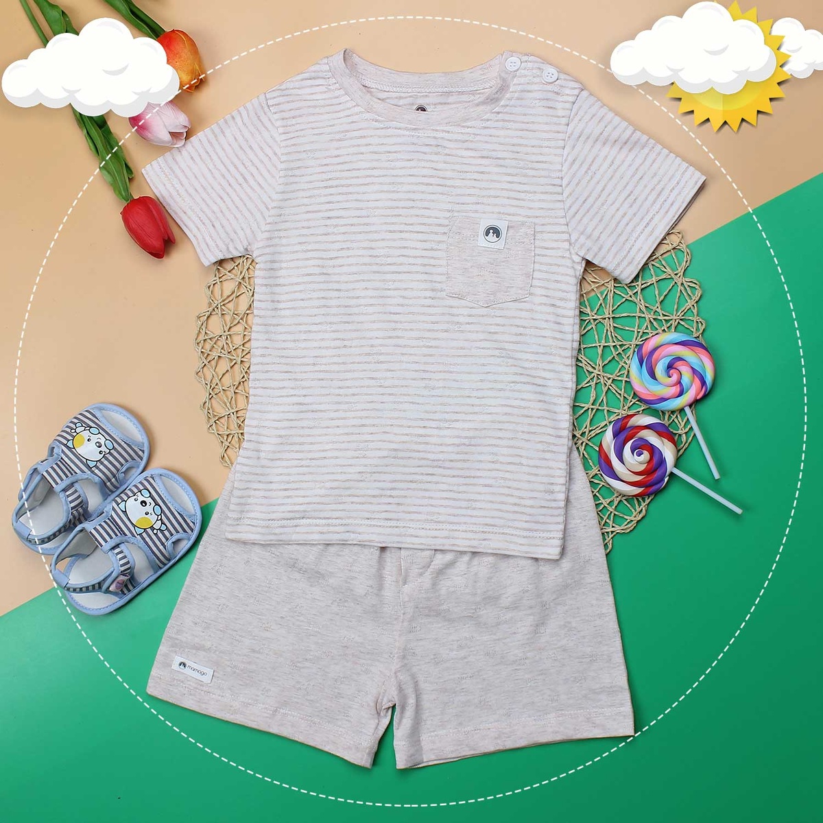 Quần áo sơ sinh cho bé cộc tay cài vai Mamago vân cá heo (kẻ be) - mặt trái