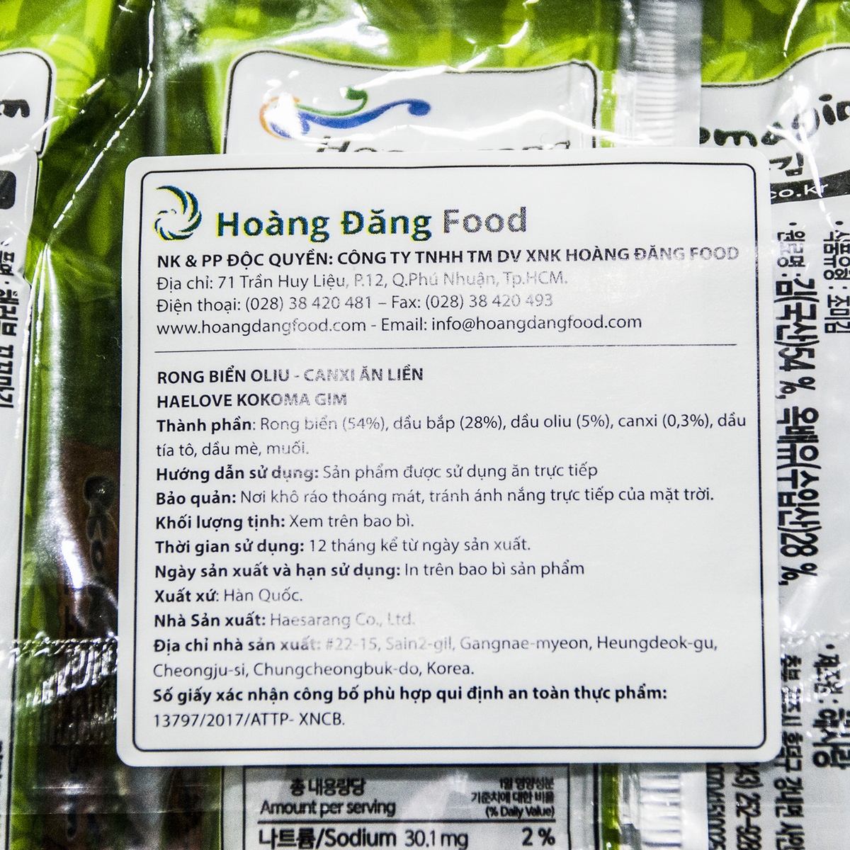 Rong biển Oliu - Canxi ăn liền  - mặt phải