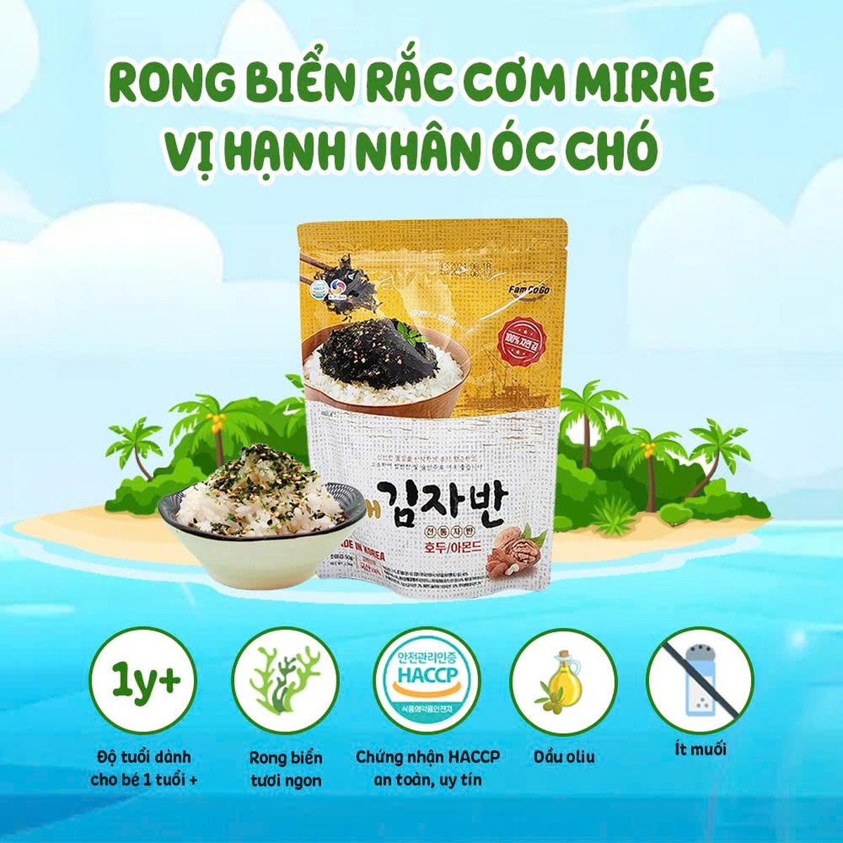 Rong biển rắc cơm Mirae vị hạnh nhân óc chó 50g cho bé 12M+ - mặt sau