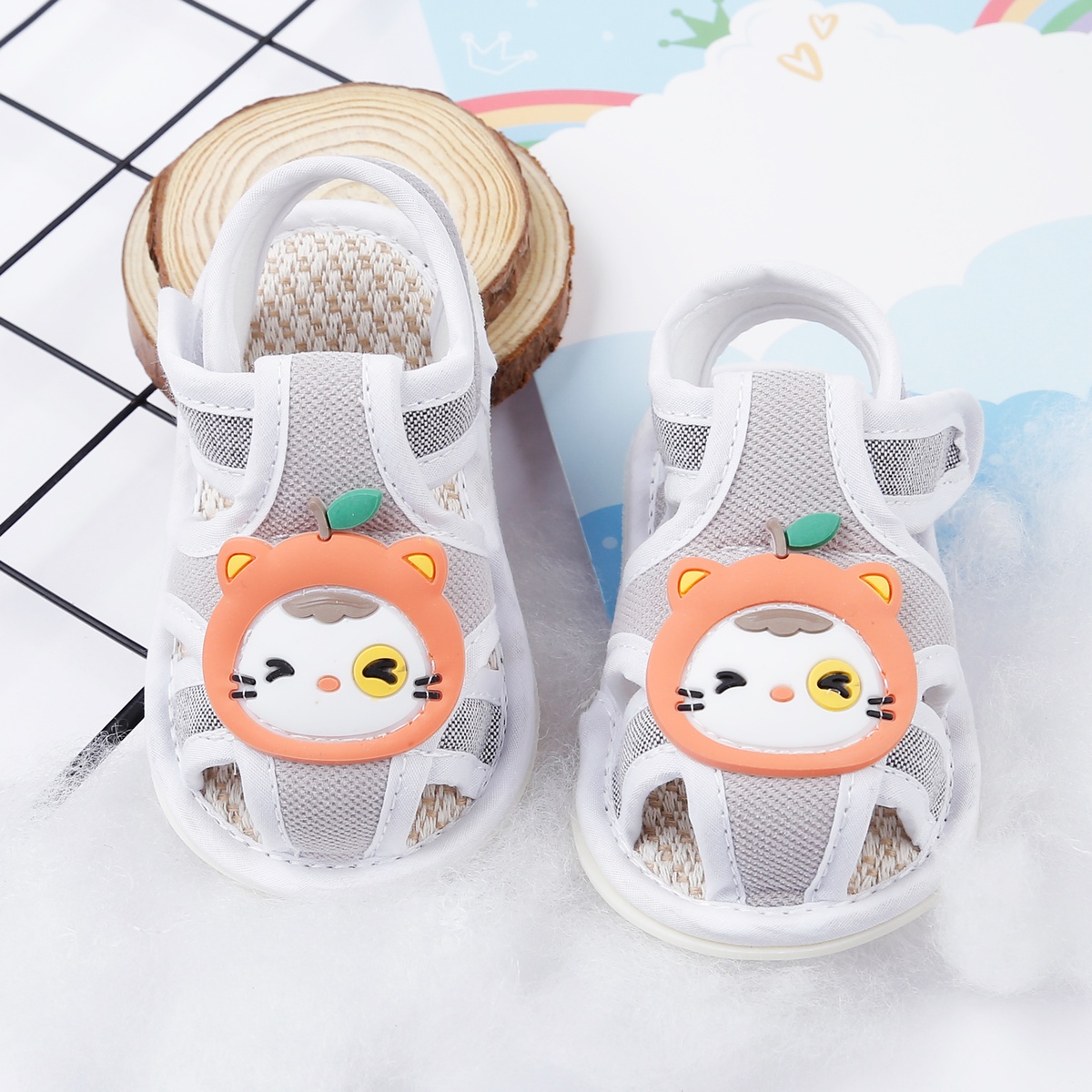 Dép sandal tập đi Aiyinmei hình mèo 23K-SD7 (Ghi)