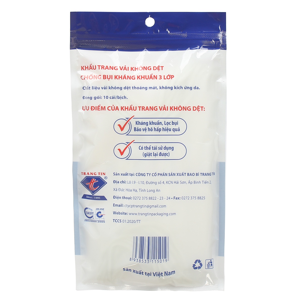 Sét 10 khẩu trang y tế 3 lớp TT - mặt trái