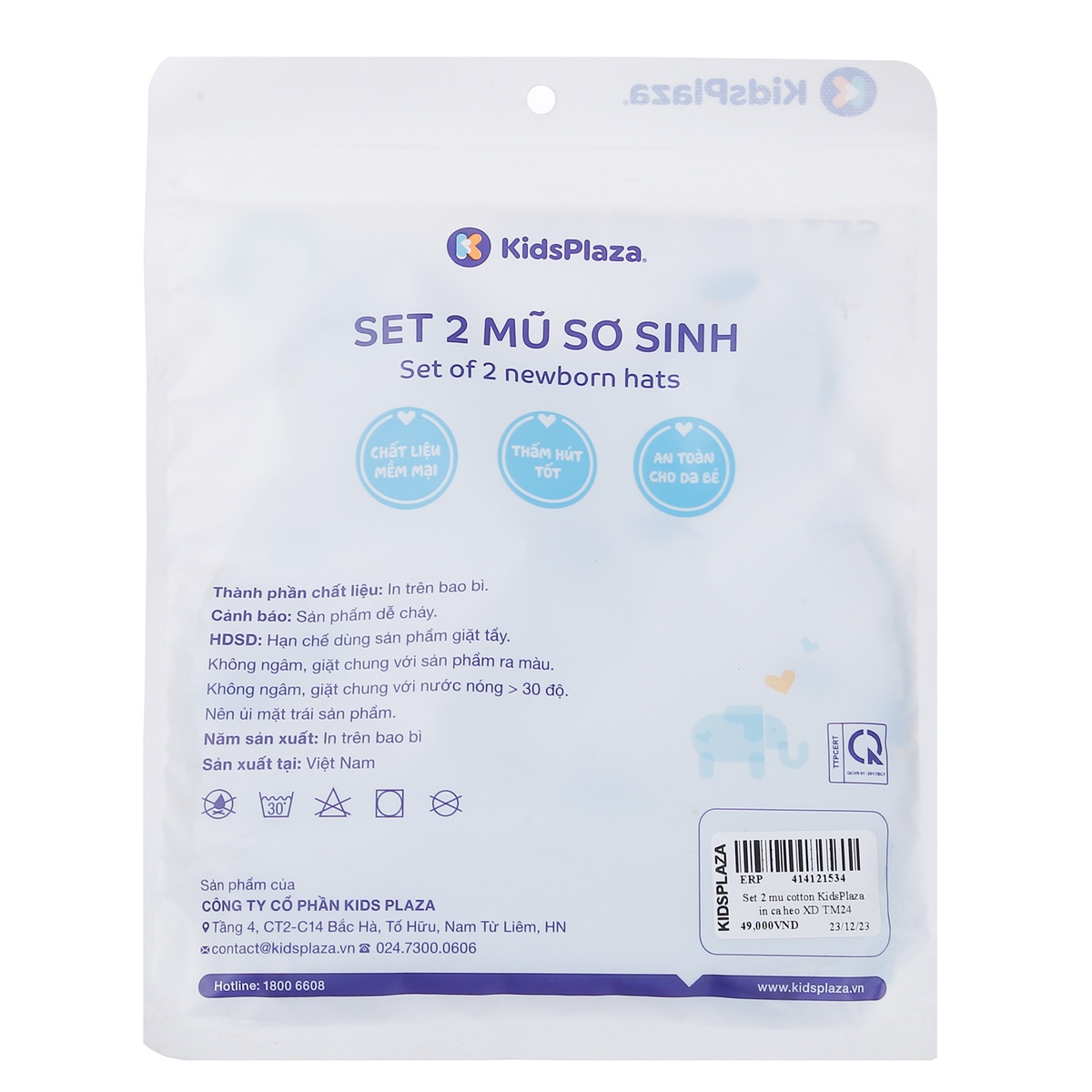 Set 2 mũ cotton KidsPlaza in cá heo TM24 (Xanh dương) - mặt sau