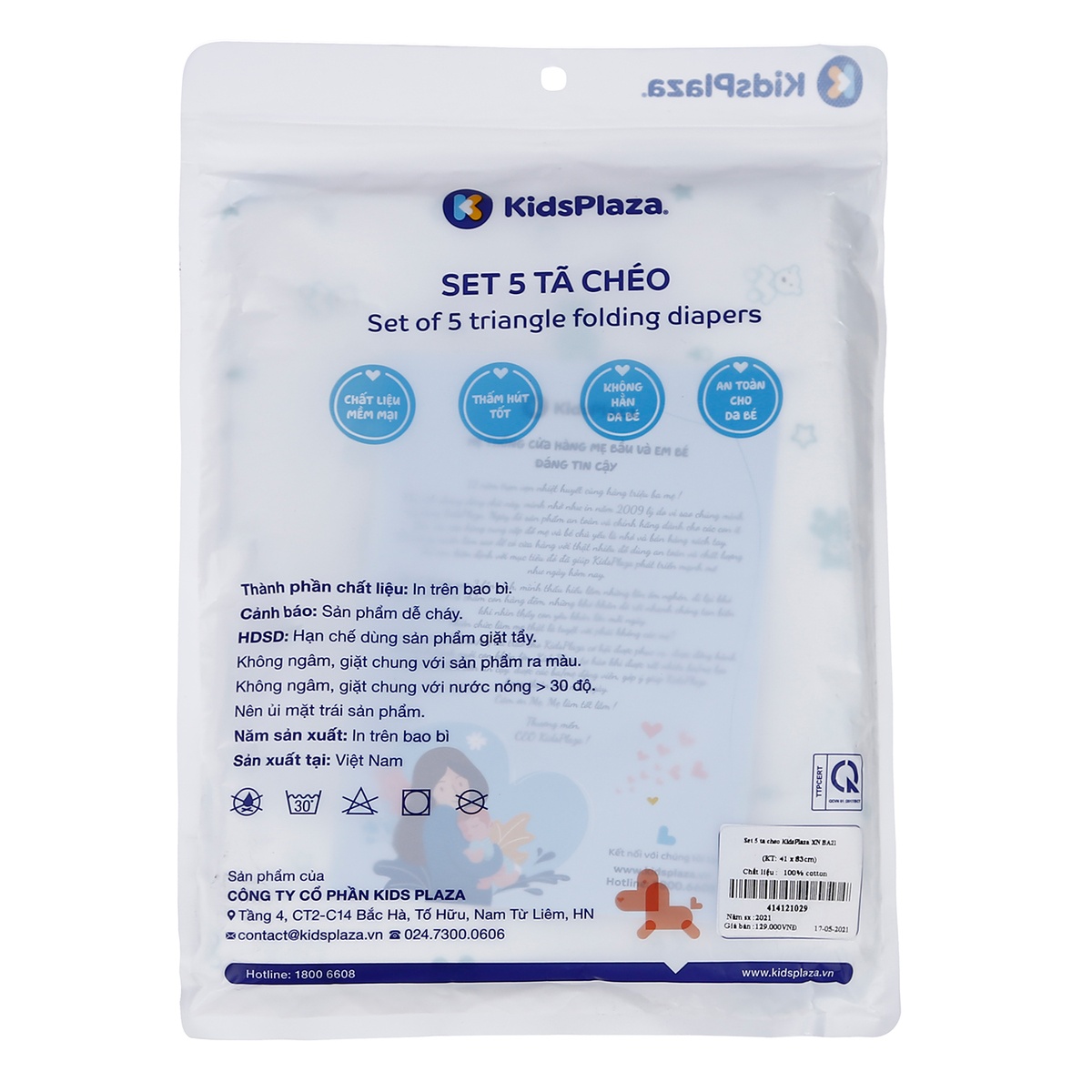 Set 5 tã chéo cotton KidsPlaza BA21 (Xanh ngọc) - góc nghiêng