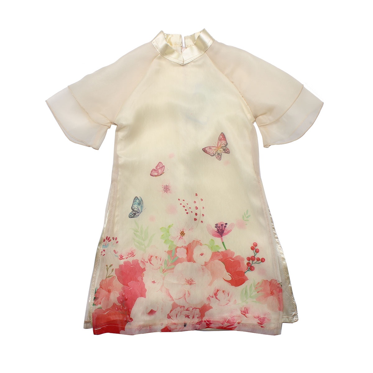 Set áo dài bé gái in hình hoa bướm be M19D - hình 6