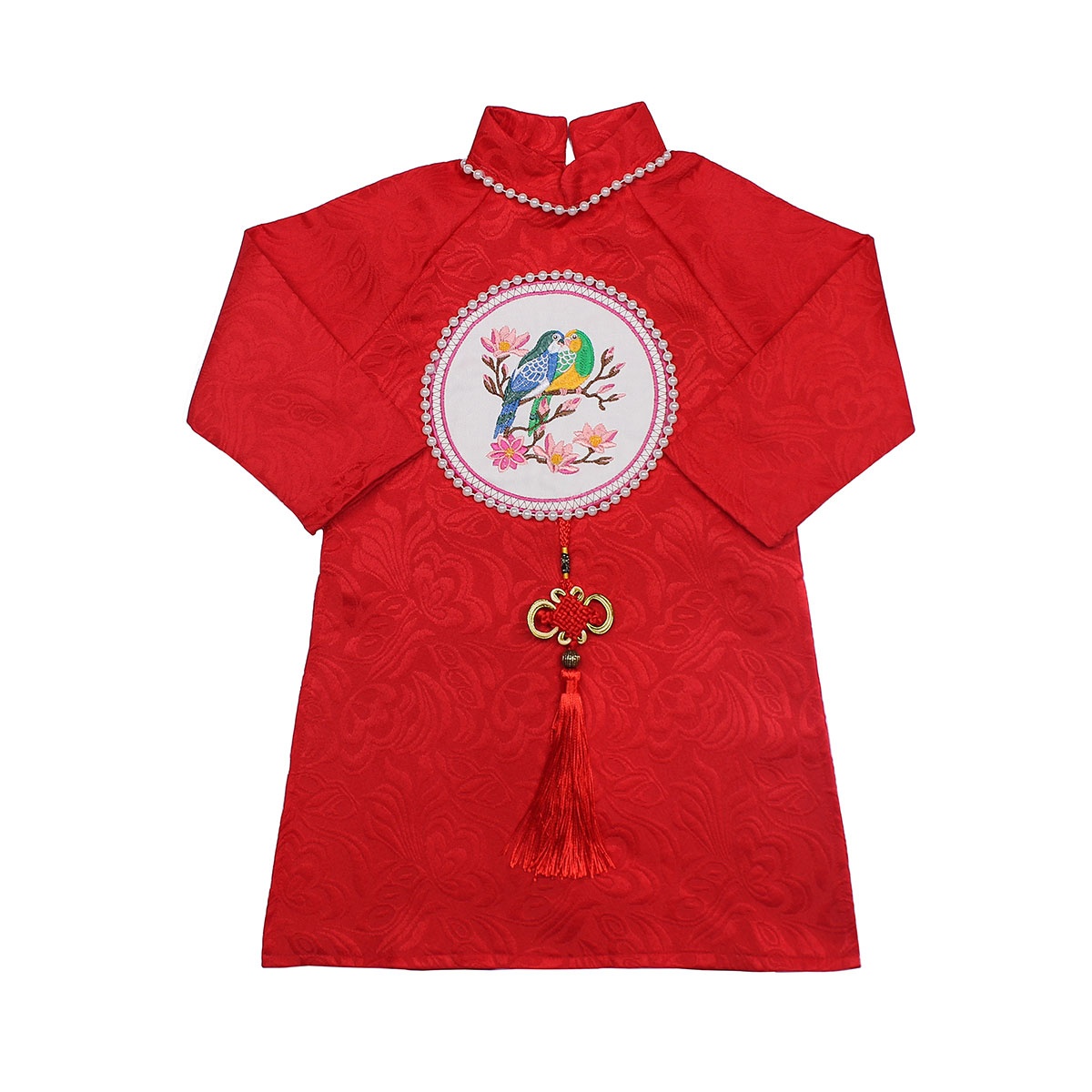 Set áo dài bé gái thêu chim và hoa Mamago M19HN (Đỏ) - mặt trái