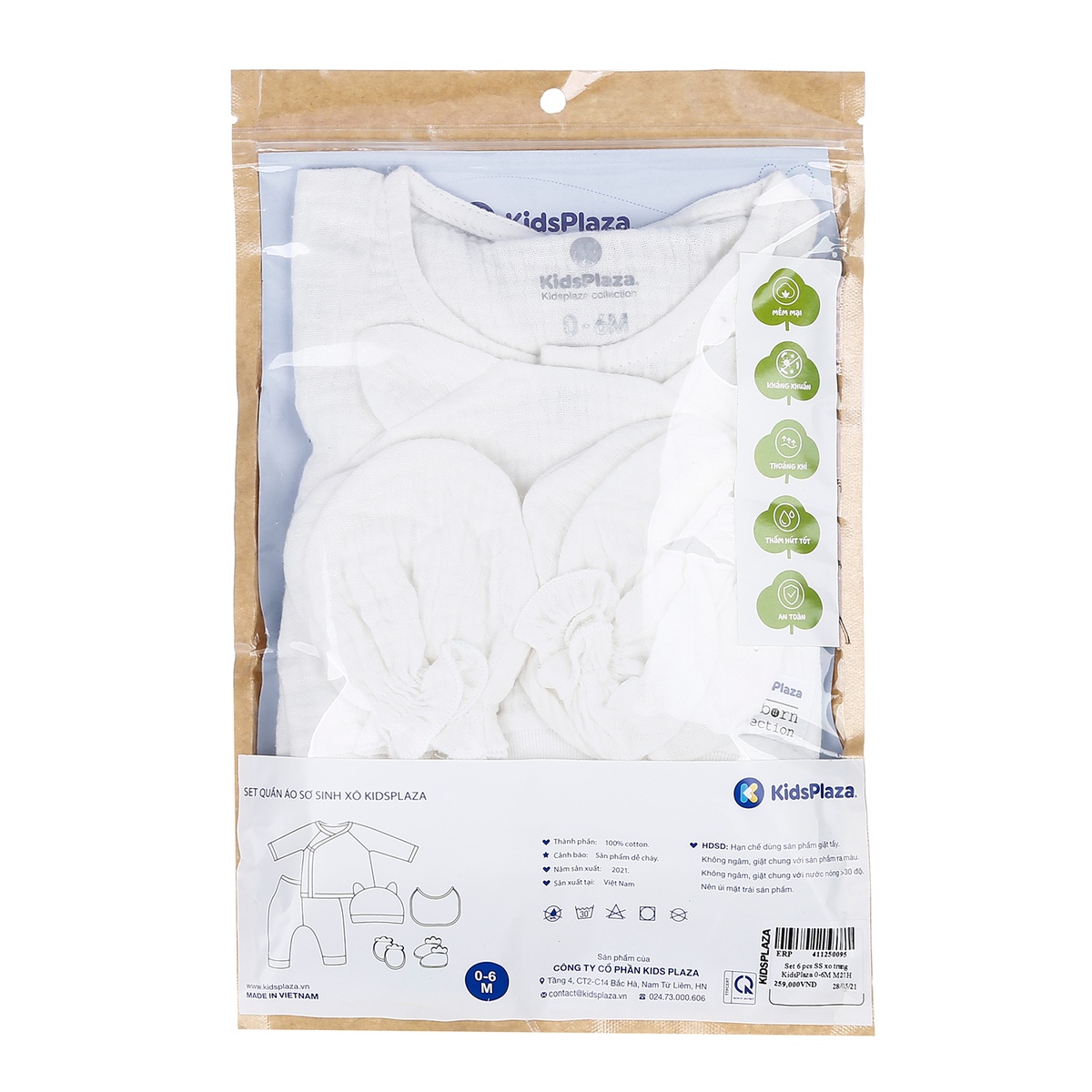 Set đồ sơ sinh 6 chi tiết pcs xô KidsPlaza 0-6M M21H (Trắng) - hình 7