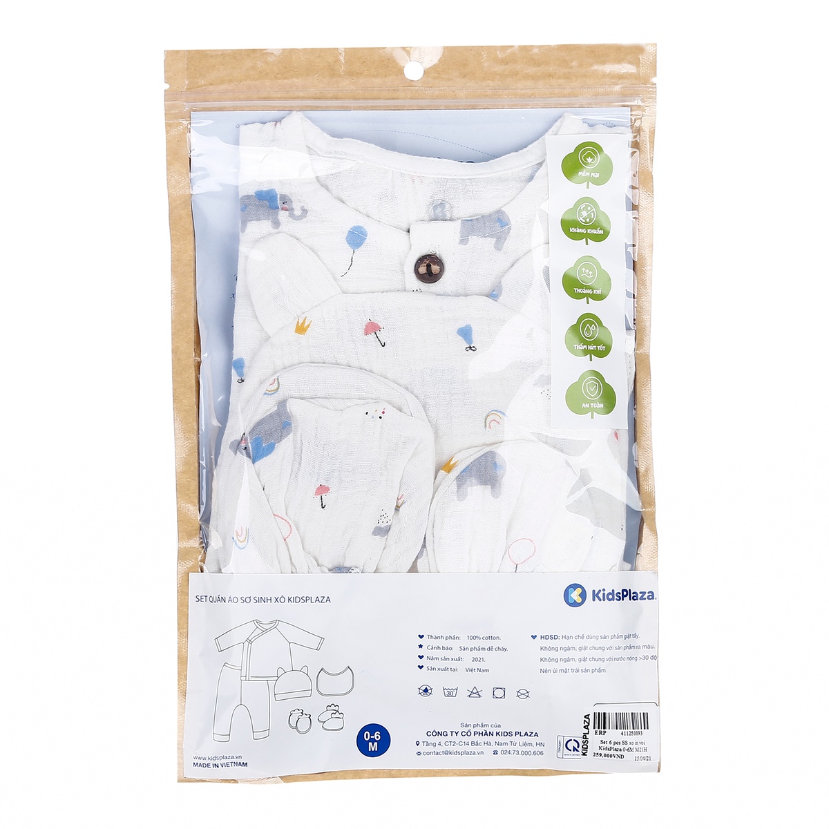 Set đồ sơ sinh 6 chi tiết pcs xô in hình voi KidsPlaza 0-6M M21H - hình 7