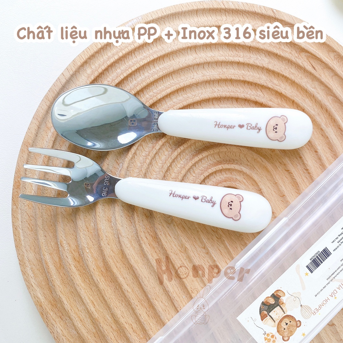 Set đũa kèm thìa dĩa cho bé Honper hình gấu HP-128 - góc nghiêng