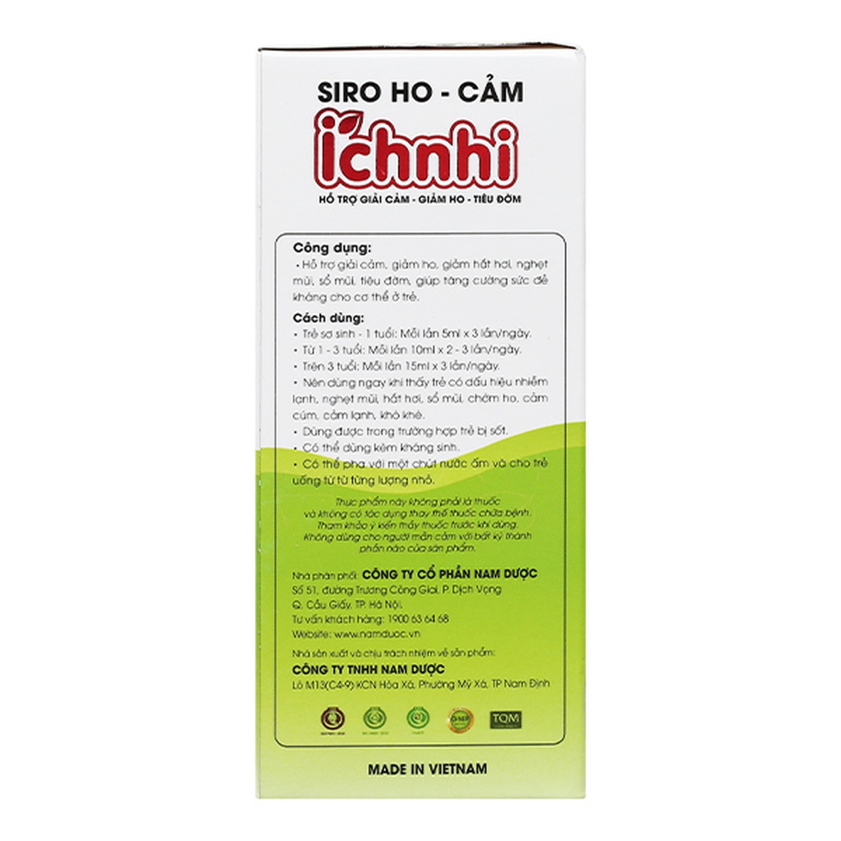 Siro ho cảm Ích Nhi hỗ trợ giảm ho, tăng đề kháng chai 90ml - mặt sau