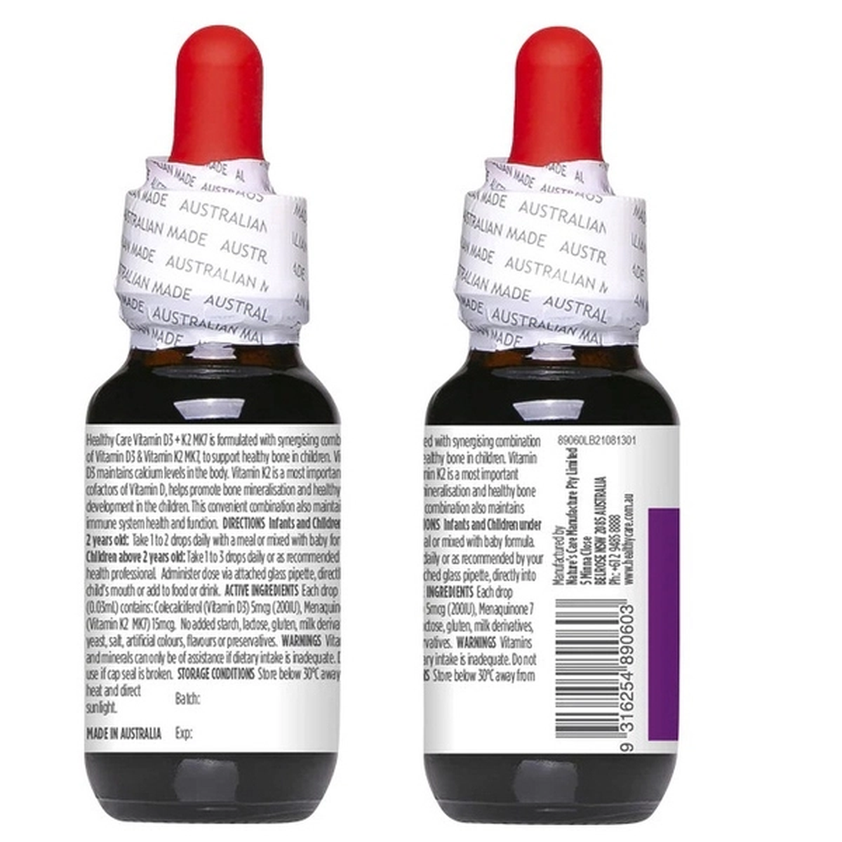 Siro Vitamin D3 K2 MK7 Healthy Care 25ml - mặt sau