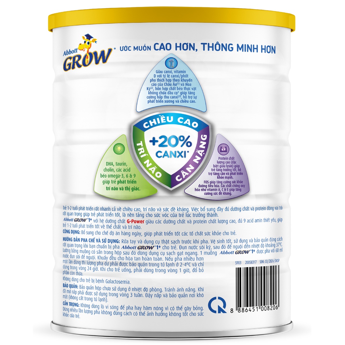 Sữa Abbott Grow số 1+ (cho bé 1-2 tuổi) 900g/850g - mặt trái