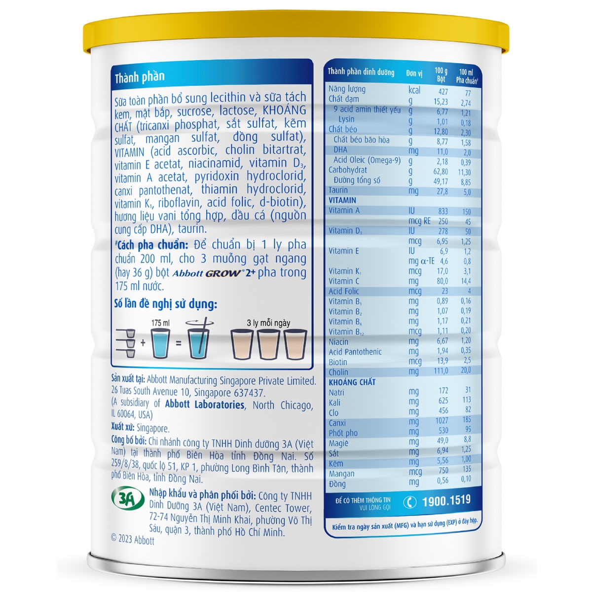 Sữa Abbott Grow 4/2+ hương Vani (cho bé >2 tuổi) 900g/850g - mặt trái