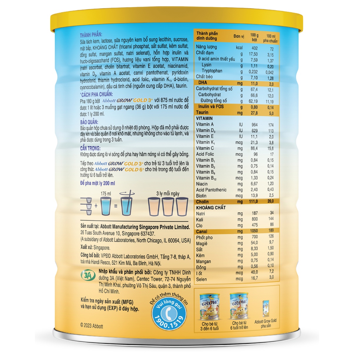 Sữa Abbott Grow Gold 3+ (cho bé 3-6 tuổi) 900g/850g - mặt trái