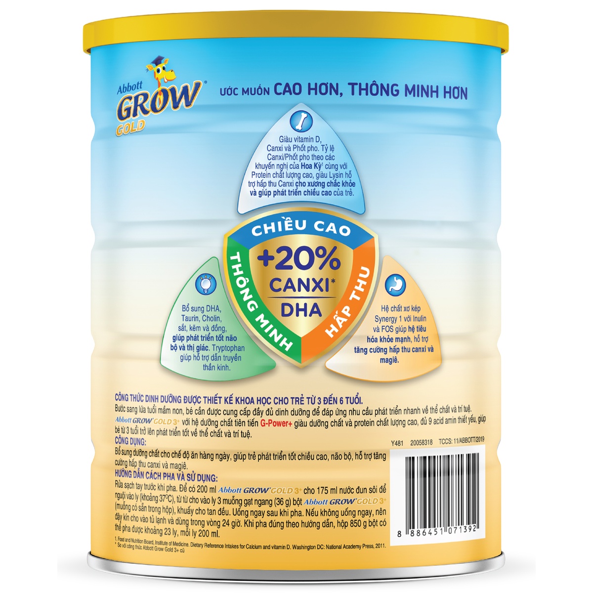 Sữa Abbott Grow Gold 3+ (cho bé 3-6 tuổi) 900g/850g - mặt phải