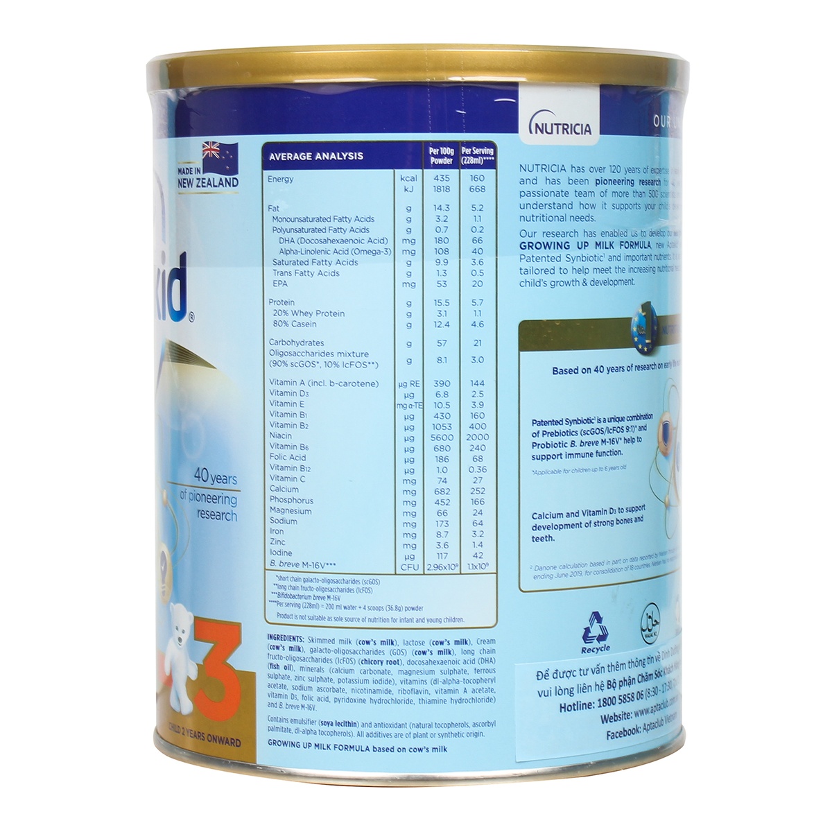 Sữa Aptakid New Zealand số 3 900g cho bé 2Y+ - mặt trái