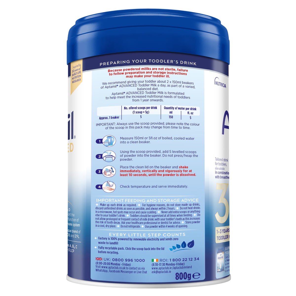 Sữa Aptamil Advanced Anh số 3 (cho bé từ 1 tuổi trở lên) 800g - mặt sau