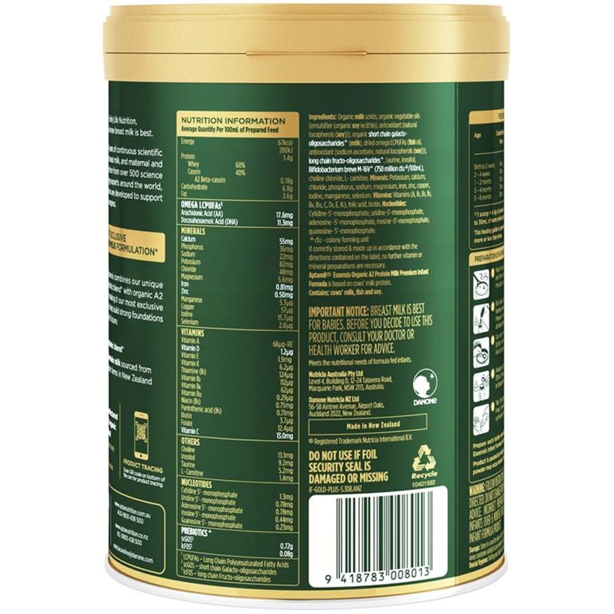 Sữa Aptamil Essensis số 1 Úc 900g cho bé từ 0-6 tháng tuổi - mặt phải