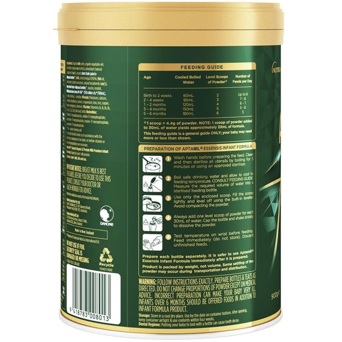Sữa Aptamil Essensis số 1 Úc 900g cho bé từ 0-6 tháng tuổi - mặt sau