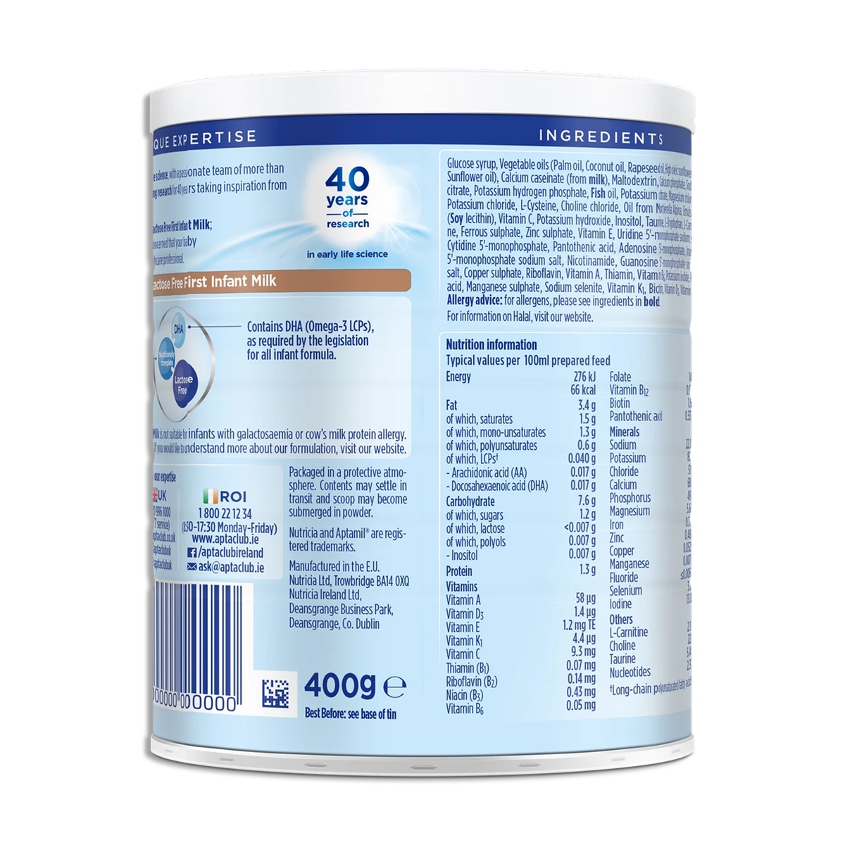Sữa Aptamil Lactose Free cho trẻ 0-12 tháng 400g - mặt trái