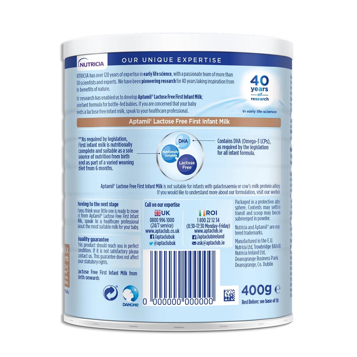 Sữa Aptamil Lactose Free cho trẻ 0-12 tháng 400g - mặt sau